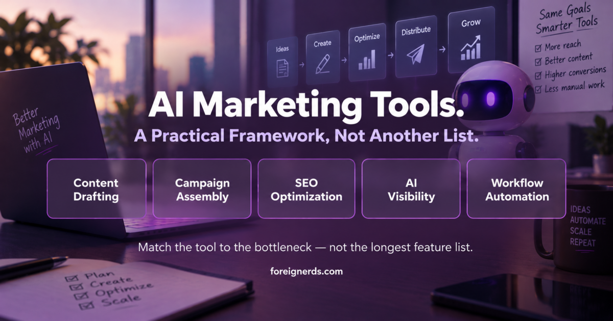 AI marketing tools framework: content drafting, campaign assembly, SEO optimization, AI visibility, workflow automation